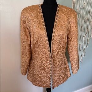 Elegant Vintage Tan/Gold 100% Silk Embroidered Women's Blazer Sz14
